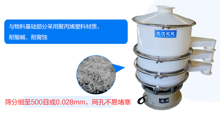 耐強(qiáng)酸、強(qiáng)堿腐蝕、物料不易變質(zhì)、不堵網(wǎng)、篩分效率高、使用壽命長(zhǎng)